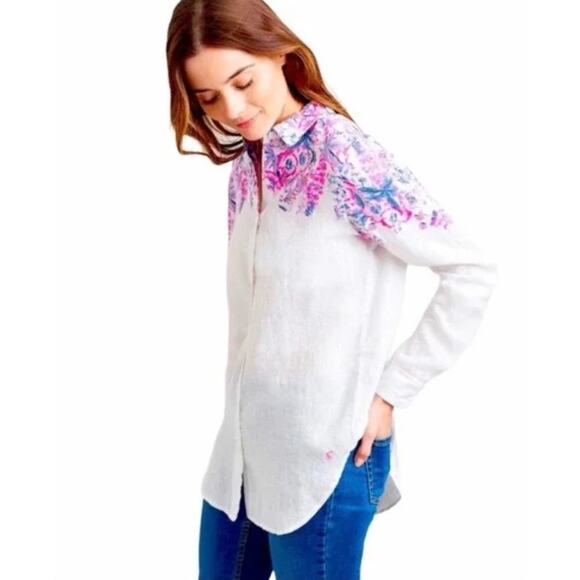 JOULES Jeanne Print White Pink Floral Linen Button Down Top Suze 14 - Picture 10 of 14